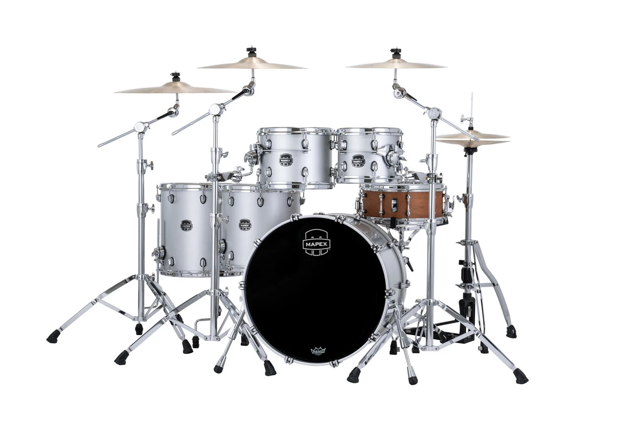 The Mapex Saturn Evolution SE628XMPD Workhorse 5-Piece Shell Pack features hybrid maple/walnut shells engineered for exceptional projection, dynamic clarity, and tonal richness. Finished in Iridium Silver, this kit blends durability with modern aesthetics. Enhanced with SaturnÃ¢â‚¬â„¢s SAS Attack and Resonance systems and SONIClear bearing edges, it delivers consistent tuning, powerful attack, and studio-grade responseÃ¢â‚¬â€ideal for professional drummers.