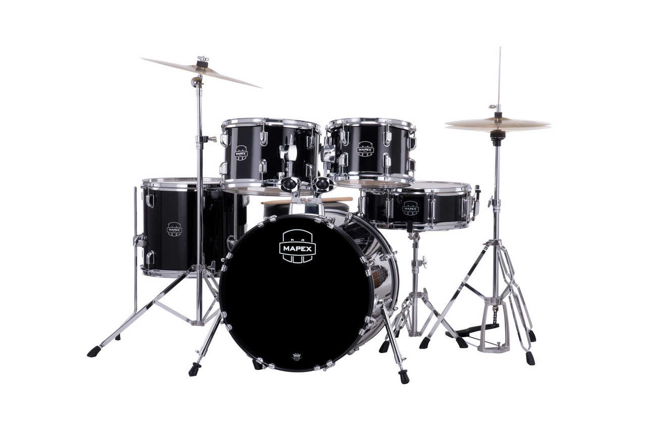The Mapex Comet CM5844FTCDK 5-Piece Complete Drum Set features durable poplar shells with an 18" bass drum for compact, punchy tone. The Dark Black finish offers a sleek modern look, and the kit includes matching hardware, cymbals, throne, and pedalsâ€”everything a new drummer needs to start playing immediately. Perfect for students, practice environments, and smaller performance spaces.