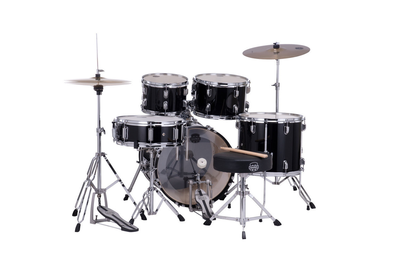 The Mapex Comet CM5844FTCDK 5-Piece Complete Drum Set features durable poplar shells with an 18" bass drum for compact, punchy tone. The Dark Black finish offers a sleek modern look, and the kit includes matching hardware, cymbals, throne, and pedalsÃ¢â‚¬â€everything a new drummer needs to start playing immediately. Perfect for students, practice environments, and smaller performance spaces.