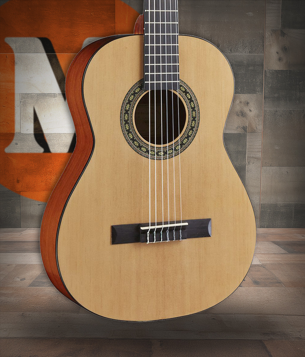 The Austin AC340N is a full-size 4/4 classical guitar featuring traditional nylon strings for warm, mellow tone. Its natural finish highlights the clean design, while the comfortable neck and lightweight body make it ideal for students and beginners. A dependable instrument for lessons, practice, and learning proper fingerstyle technique.