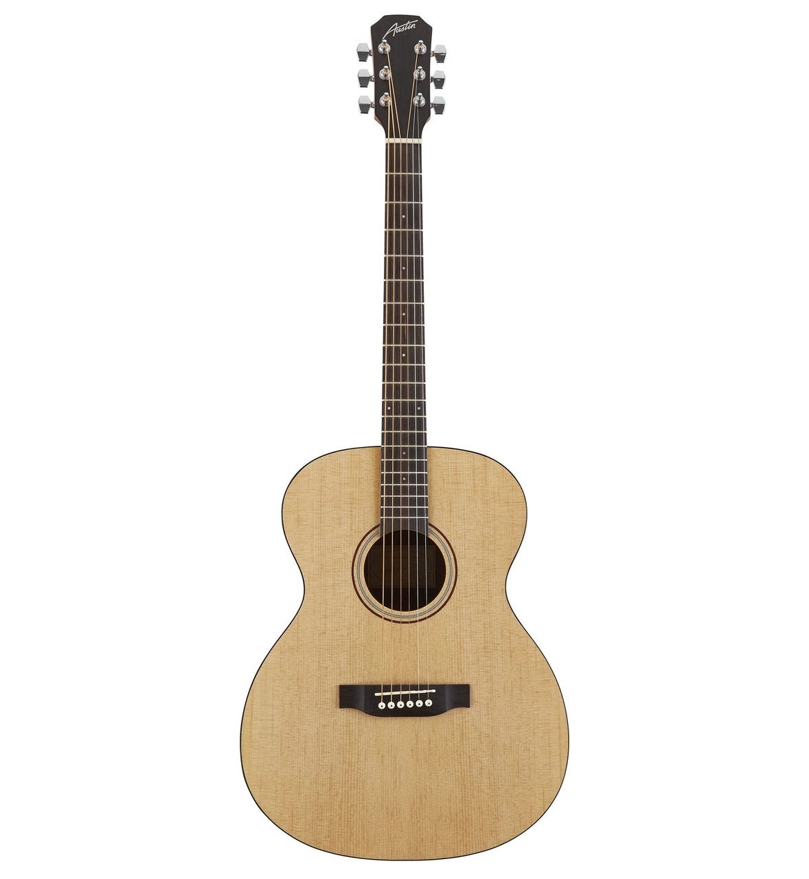 The Austin AA25OS Acoustic Orchestra Guitar features a comfortable orchestra body shape that provides balanced projection and clear tone. Its satin natural finish offers a smooth, easy-playing feel, while the neck profile makes it beginner-friendly. A great choice for students or anyone wanting a reliable, comfortable acoustic guitar for practice or performance.