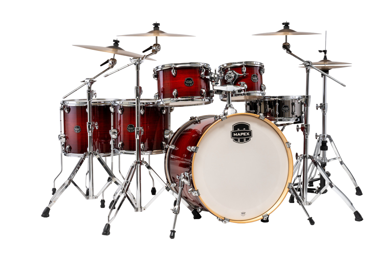 The Mapex Armory AR628SFUVNR Studioease Shell Pack features fast tom configurations with hybrid birch/maple shells to deliver punchy attack, rich warmth, and controlled resonance. Finished in a striking Red Onyx Burst with high-gloss depth, this kit includes SONIClear bearing edges for easy tuning and enhanced head-to-shell contactâ€”ideal for studio recording, live performance, and modern drummers seeking both power and precision.