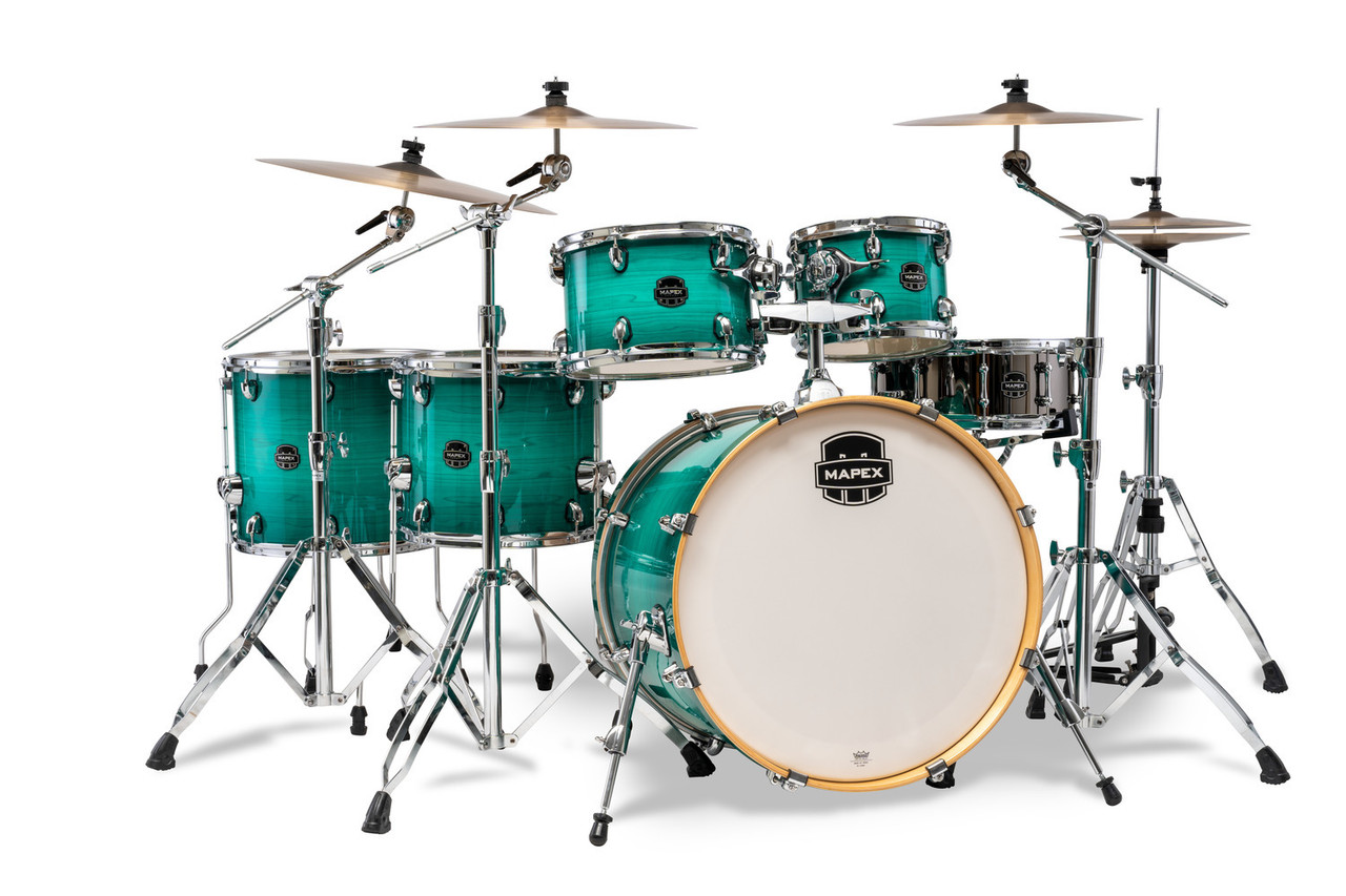 Mapex Armory Series Studioease Shell Pack in Jade Stone Burst featuring hybrid maple/birch shells, fast tom sizes, SONIClear bearing edges, and punchy modern tone suited for versatile drummers.