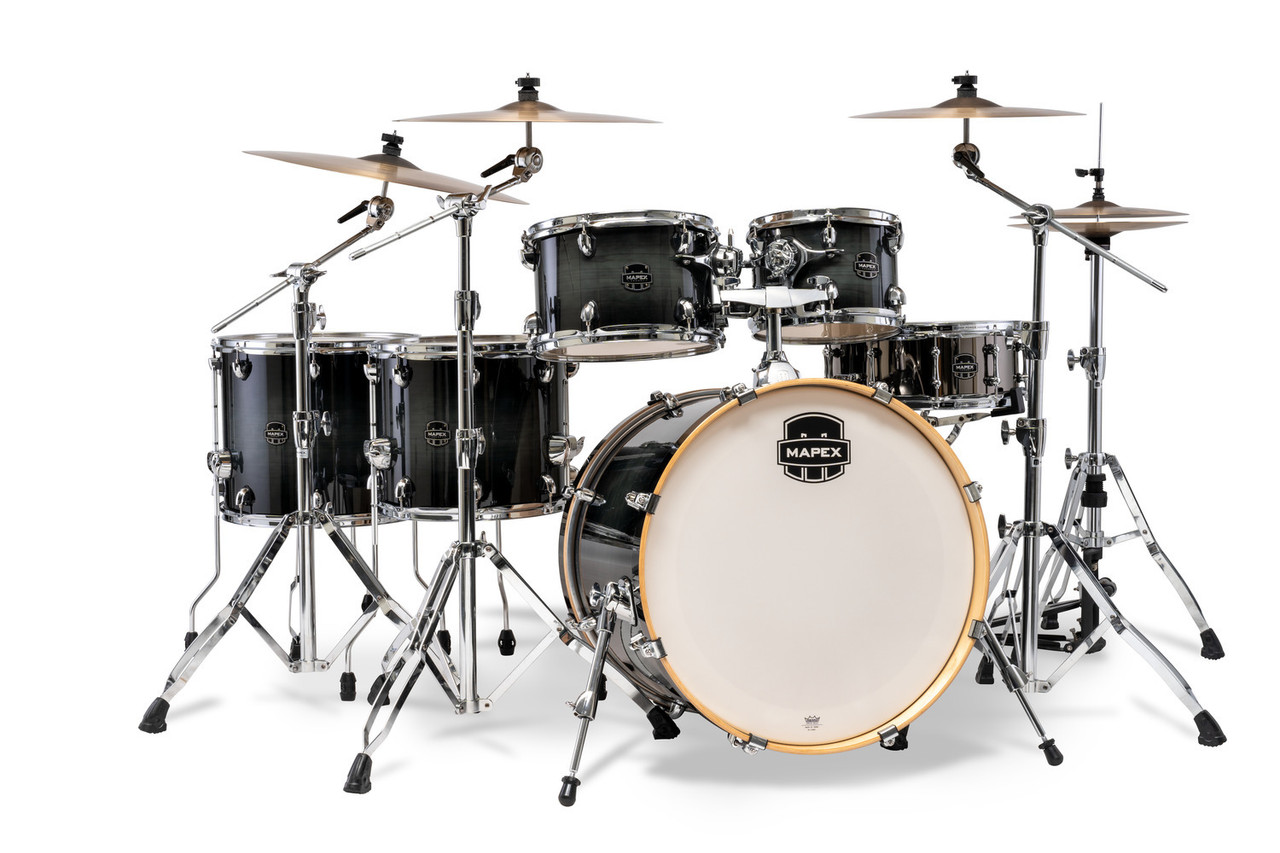 Mapex Armory Series Studioease Shell Pack in Black Onyx Burst featuring hybrid maple/birch shells, fast tom configuration, SONIClear bearing edges, and punchy modern tone suited for versatile drummers.