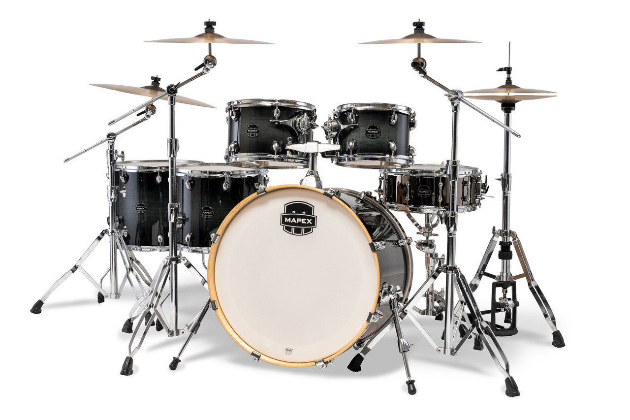 Mapex Armory Series Studioease Shell Pack in Black Onyx Burst featuring hybrid maple/birch shells, fast tom configuration, SONIClear bearing edges, and punchy modern tone suited for versatile drummers.