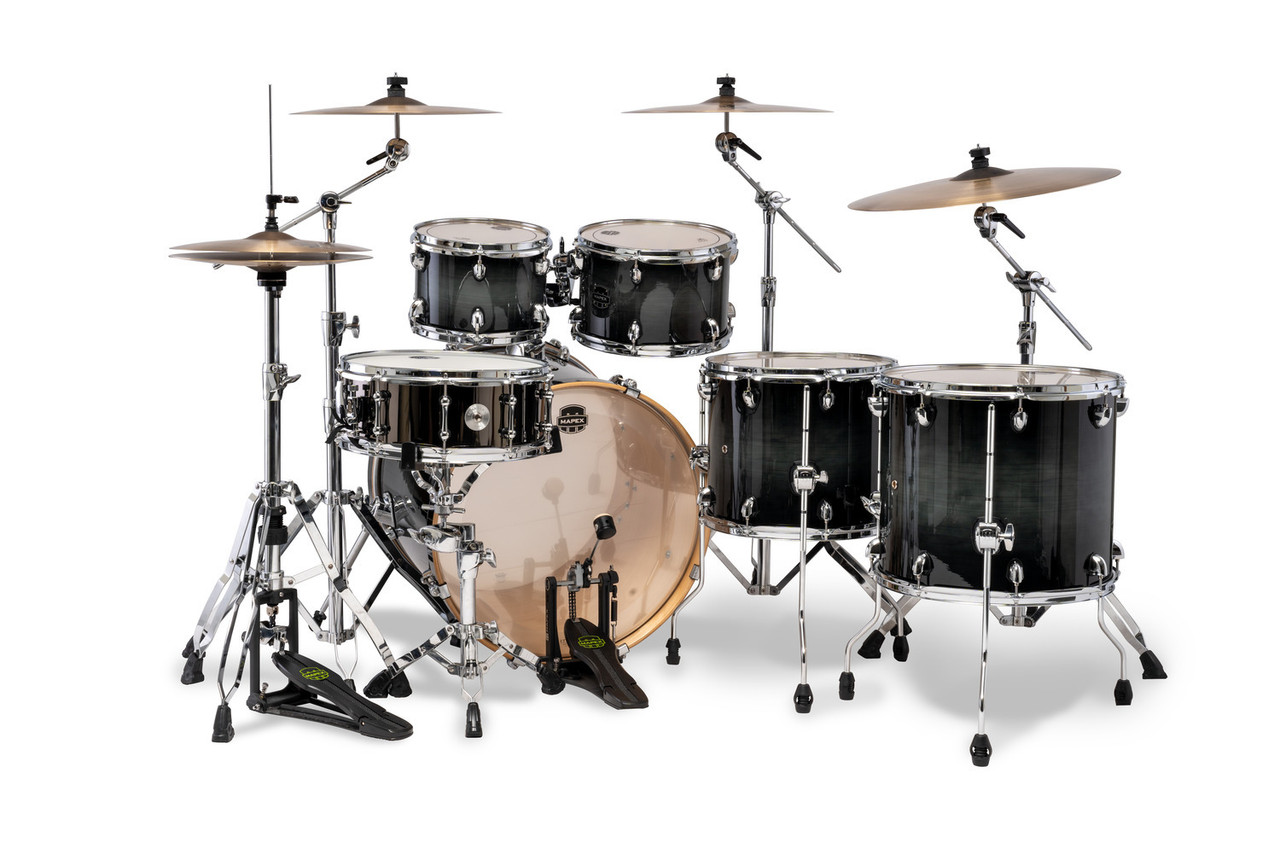 Mapex Armory Series Studioease Shell Pack in Black Onyx Burst featuring hybrid maple/birch shells, fast tom configuration, SONIClear bearing edges, and punchy modern tone suited for versatile drummers.