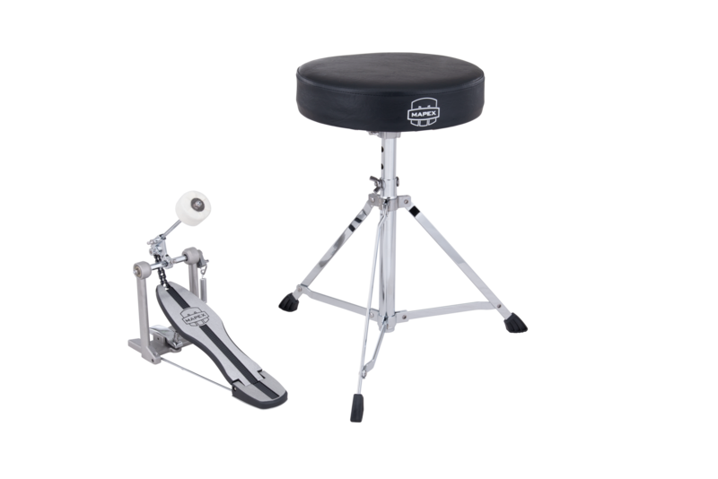 Mapex HP-PT250 250 Series Pedal Throne Hardware Pack â€“ includes bass drum pedal, drum throne, hi-hat stand, snare stand, and cymbal stand for a complete lightweight setup