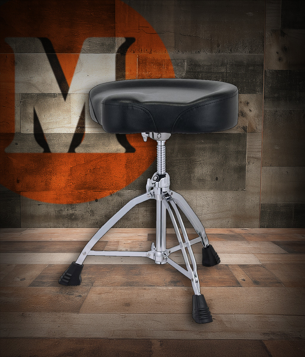 Mapex T855 Double-Braced 3-Leg Drum Throne with Black Leather Saddle Cushion - heavy-duty adjustable seat with contoured saddle top, threaded spindle, and sturdy chrome base