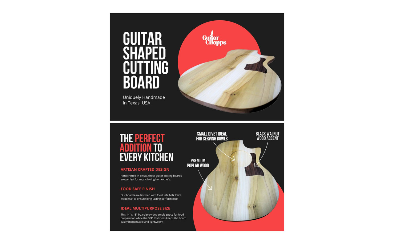Guitar Shaped Cutting Board, Poplar and Black Walnut Wood, 14 x 18 x 3/4 inches, Handmade in Texas | Musician Madness