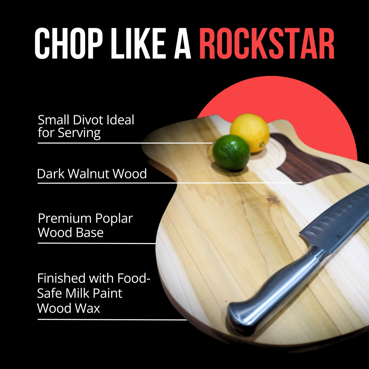 Guitar Shaped Cutting Board, Poplar and Black Walnut Wood, 14 x 18 x 3/4 inches, Handmade in Texas | Musician Madness