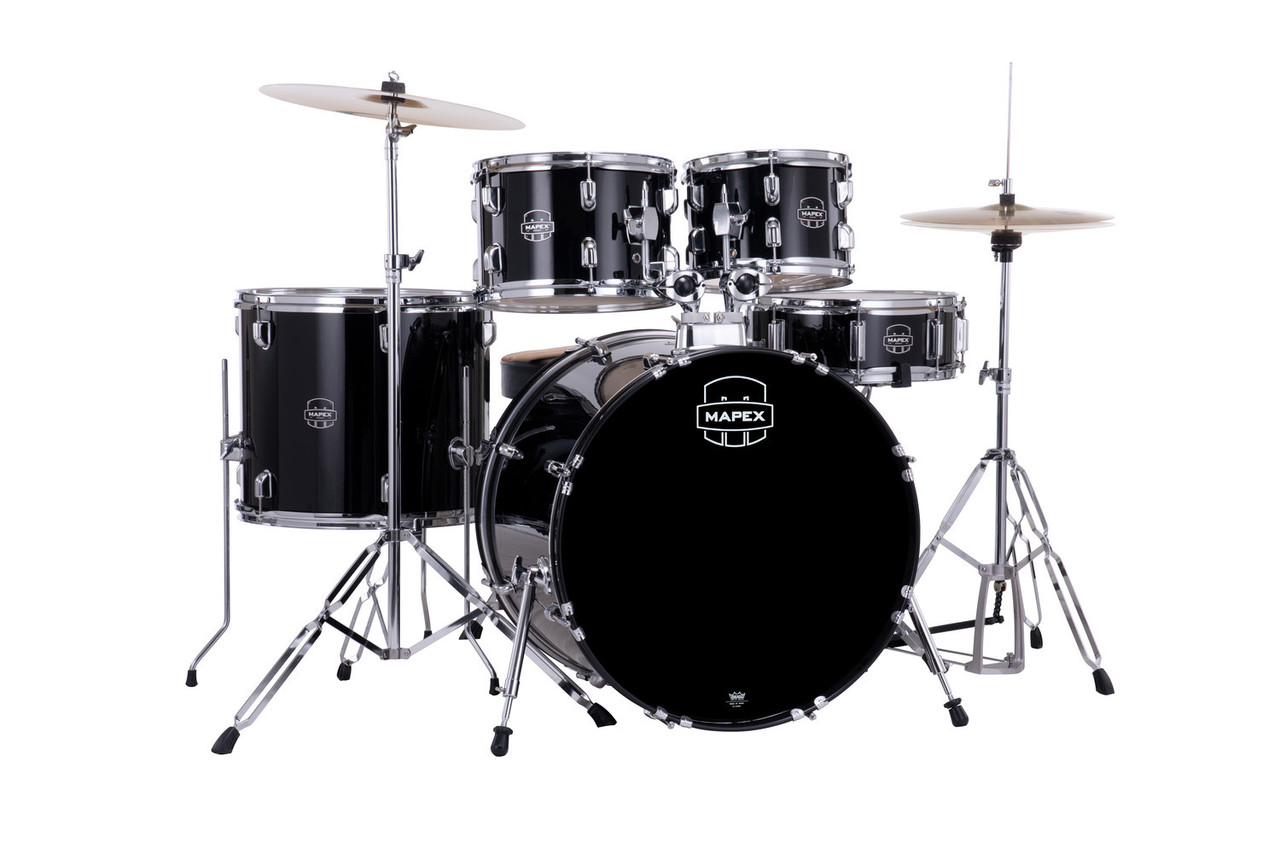 The Mapex Comet CM5294FTCDK 5-Piece Complete Drum Set in Dark Black includes drums, hardware, throne, and cymbalsâ€”everything beginners need to start playing. Shop Musician Madness!