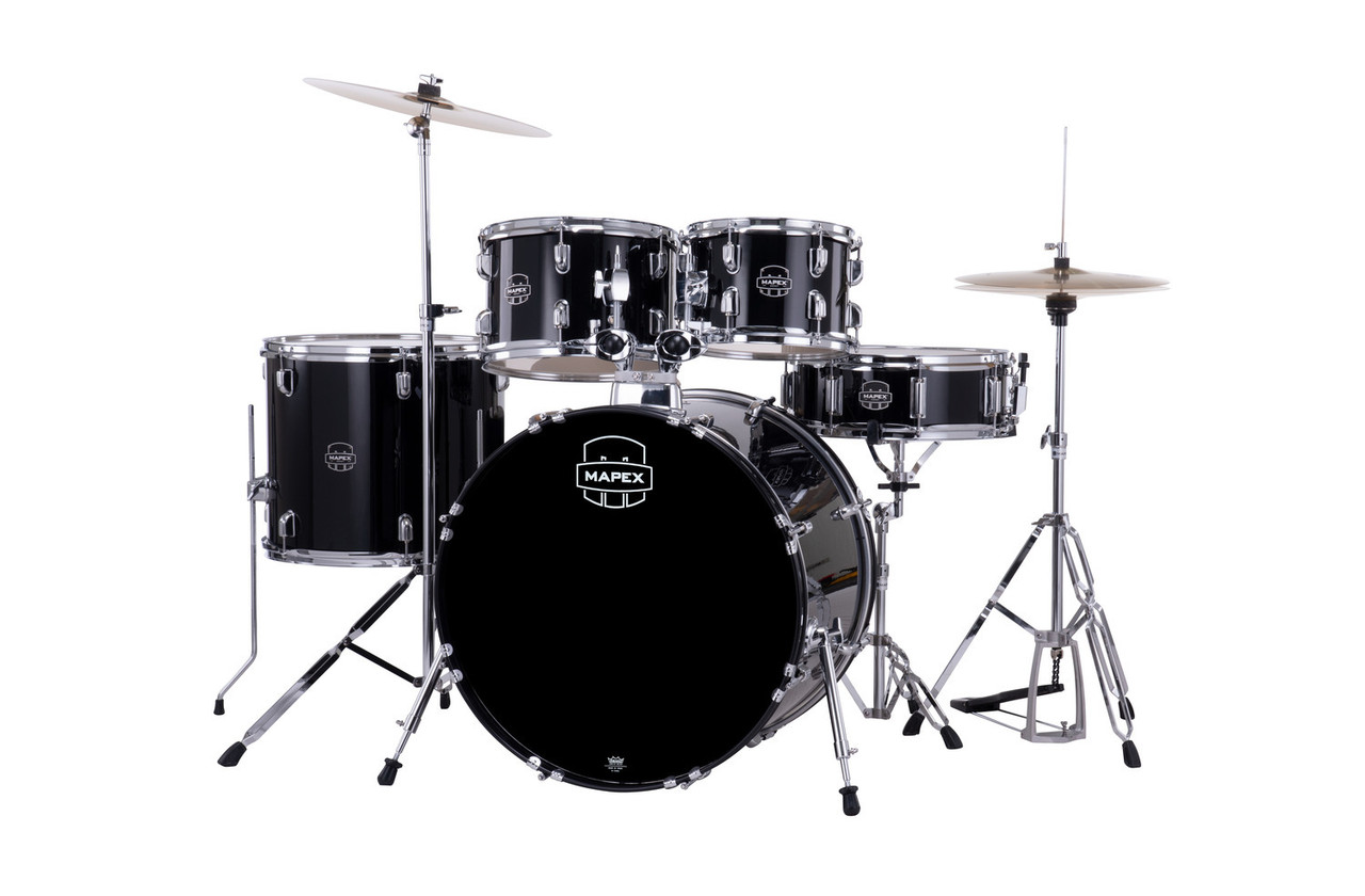 The Mapex Comet CM5294FTCDK 5-Piece Complete Drum Set in Dark Black includes drums, hardware, throne, and cymbals—everything beginners need to start playing. Shop Musician Madness!