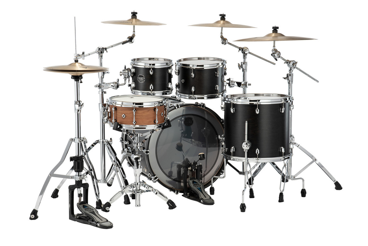 Mapex SR529XUFB Saturn Series 4-Piece Rock Shell Pack in Satin Black finish, no snare included.