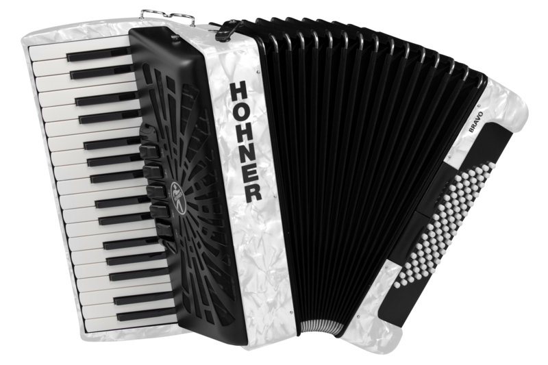 Play with precision and style using the Hohner Bravo III 72 Pearl White Accordionâ€”German engineering, rich tone, and effortless playability. Shop Musician Madness!