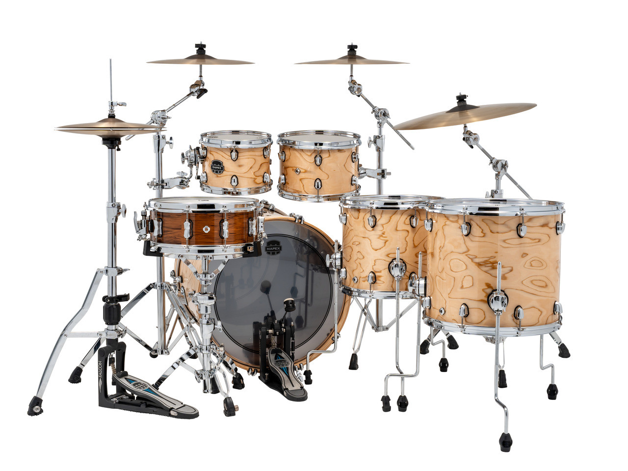 The Mapex Saturn VI Studioease 5-Piece Shell Pack (SR628XUZXN) features hybrid maple/walnut shells for enhanced tone, projection, and dynamic response. Finished in a premium Exotic Natural Burl, this kit offers a warm low-end, smooth mids, and articulate highs. SONIClear bearing edges improve tuning consistency and head-to-shell contact, making this shell pack ideal for studio recording and professional live performance.