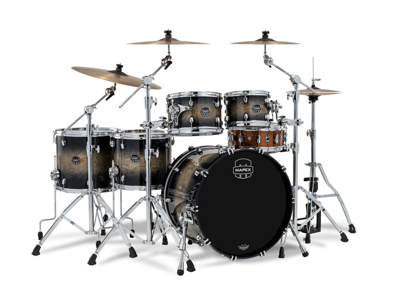 The Mapex Saturn VI Studioease 5-Piece Shell Pack (SR628XUZXG) features hybrid maple/walnut shells that provide powerful projection, rich tonal depth, and responsive dynamics. Finished in a bold Black Ink Burst, this kit includes SONIClear bearing edges for improved tuning stability and enhanced resonanceâ€”ideal for studio recording, live performance, and drummers seeking high-end tone with striking aesthetics.