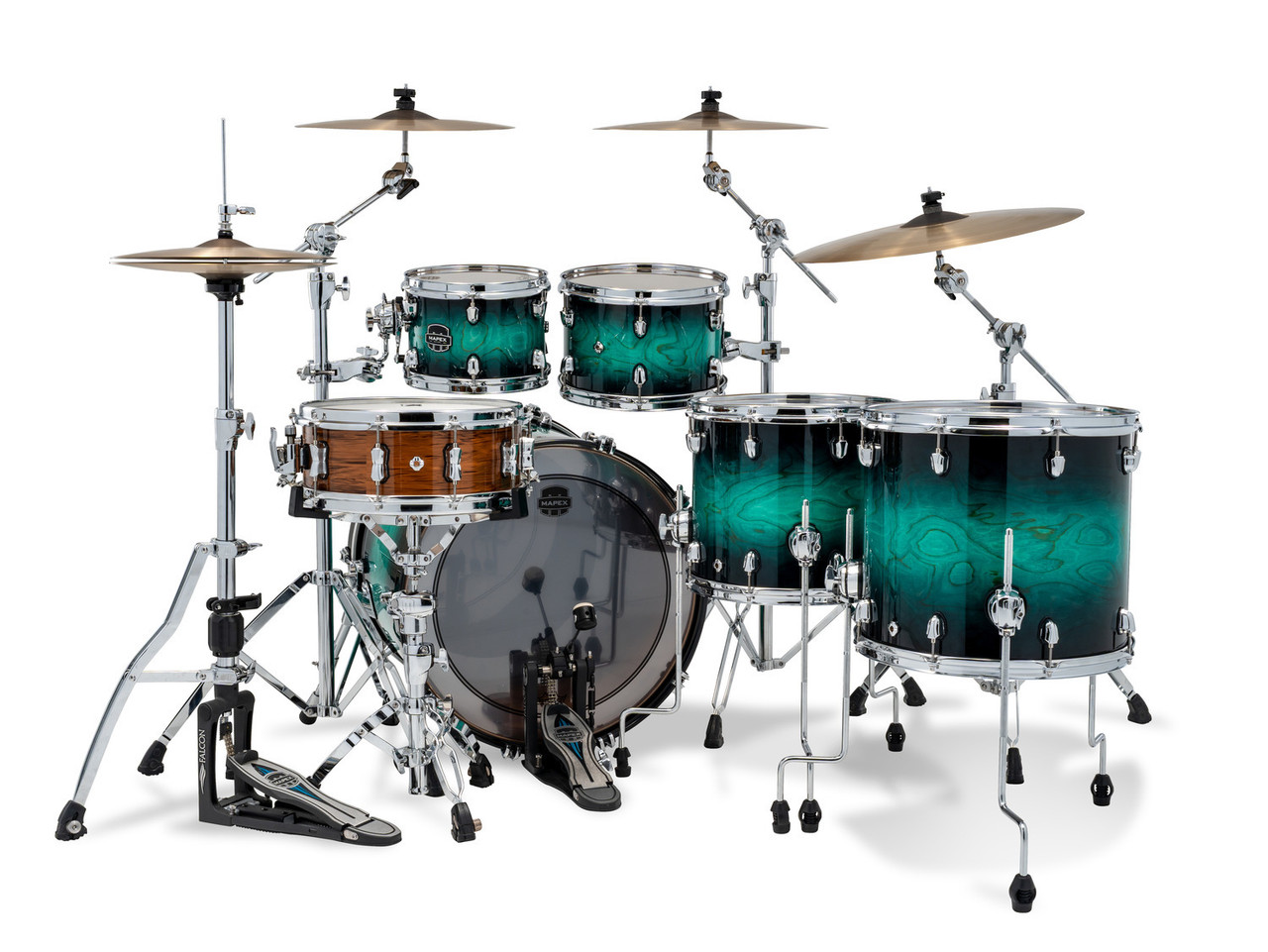 The Mapex Saturn VI Studioease 5-Piece Shell Pack (SR628XUZXT) features hybrid maple/walnut shells designed for rich low-end warmth, articulate mids, and crisp high-end presence. Finished in a vibrant Marine Teal Burst, it includes SONIClear bearing edges for superior tuning stability and head-to-shell contact, making it ideal for studio recording, live performance, and pro-level drummers seeking refined tone and striking aesthetics.
