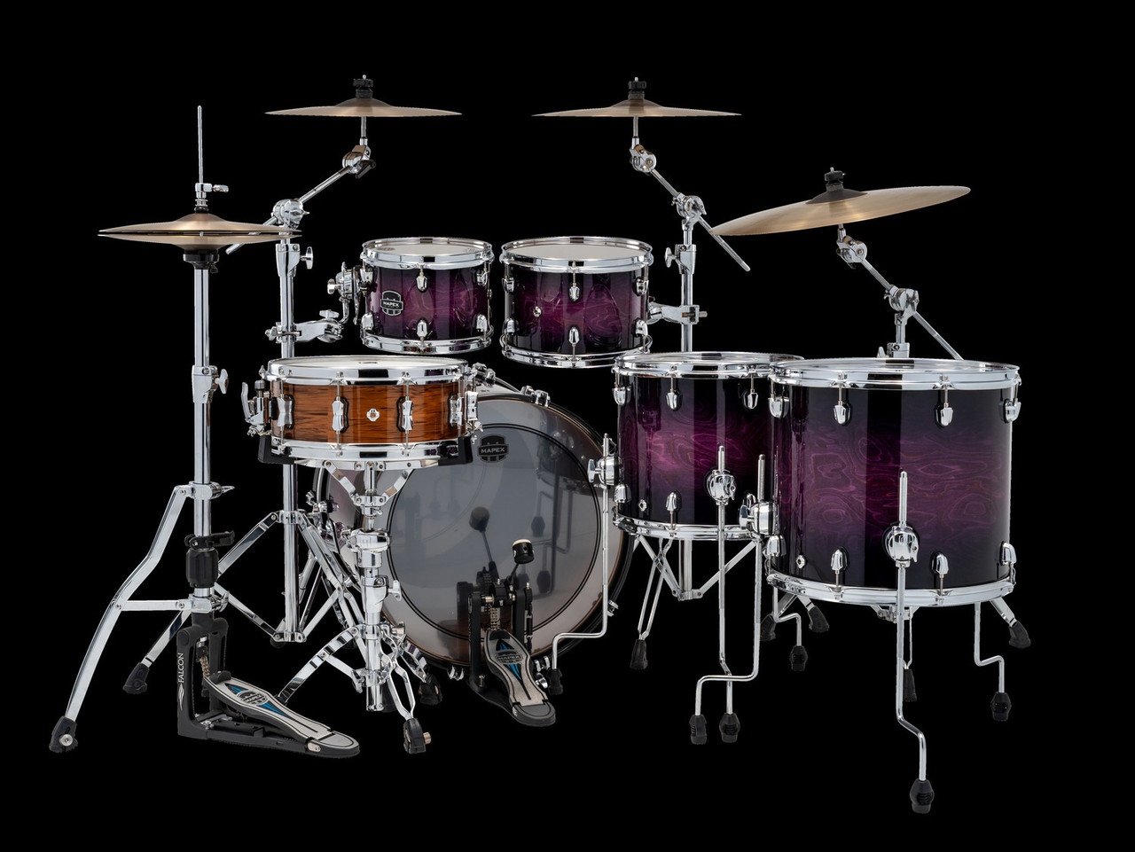 Mapex Saturn VI Exotic Studioease 5-Piece Shell Pack – Royal Purple Burst (SR628XUZXP) featuring hybrid maple/walnut shells, exotic high-gloss finish, Studioease tom configuration, and pro-level tone for studio and live performance.