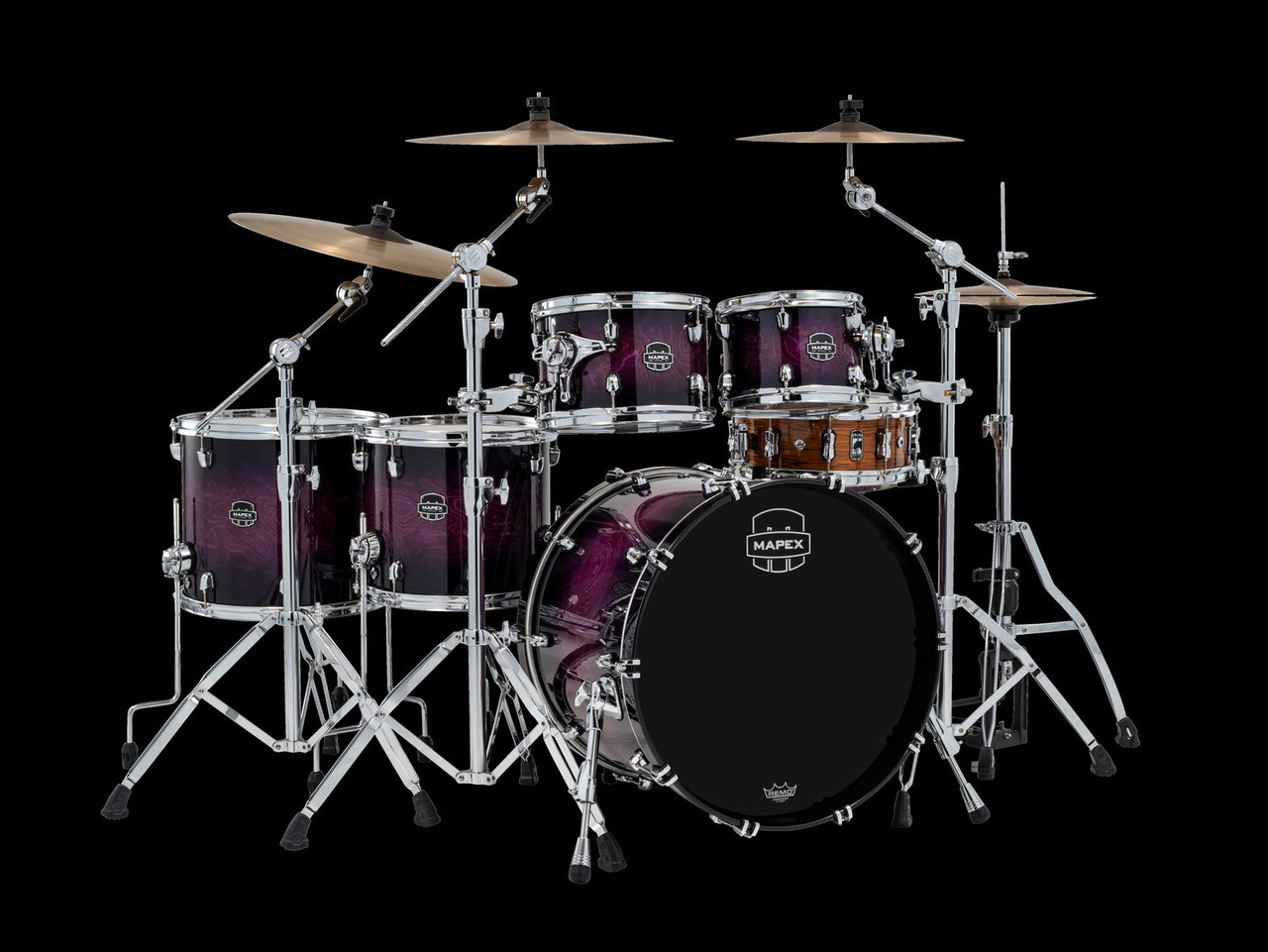 Mapex Saturn VI Exotic Studioease 5-Piece Shell Pack â€“ Royal Purple Burst (SR628XUZXP) featuring hybrid maple/walnut shells, exotic high-gloss finish, Studioease tom configuration, and pro-level tone for studio and live performance.