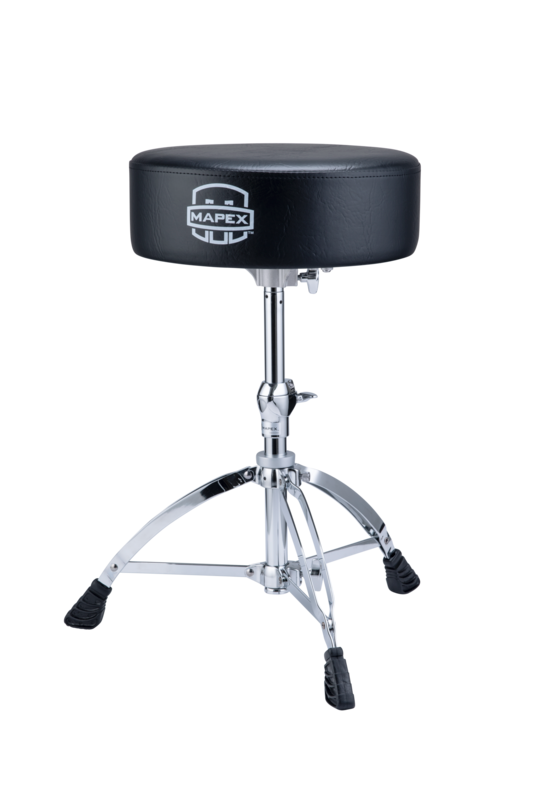 Mapex T670 Drum Throne - saddle-style padded drum seat with threaded spindle height adjustment and double-braced chrome legs for comfort and durability