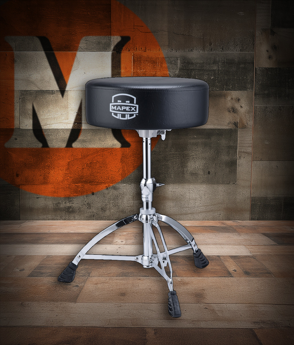 Mapex T670 Drum Throne - saddle-style padded drum seat with threaded spindle height adjustment and double-braced chrome legs for comfort and durability