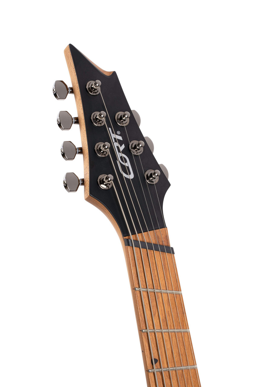 Cort KX Series Multi-Scale 7-String Electric Guitar in Open Pore Black finish – solid-body extended-range design with fanned frets and dual humbuckers