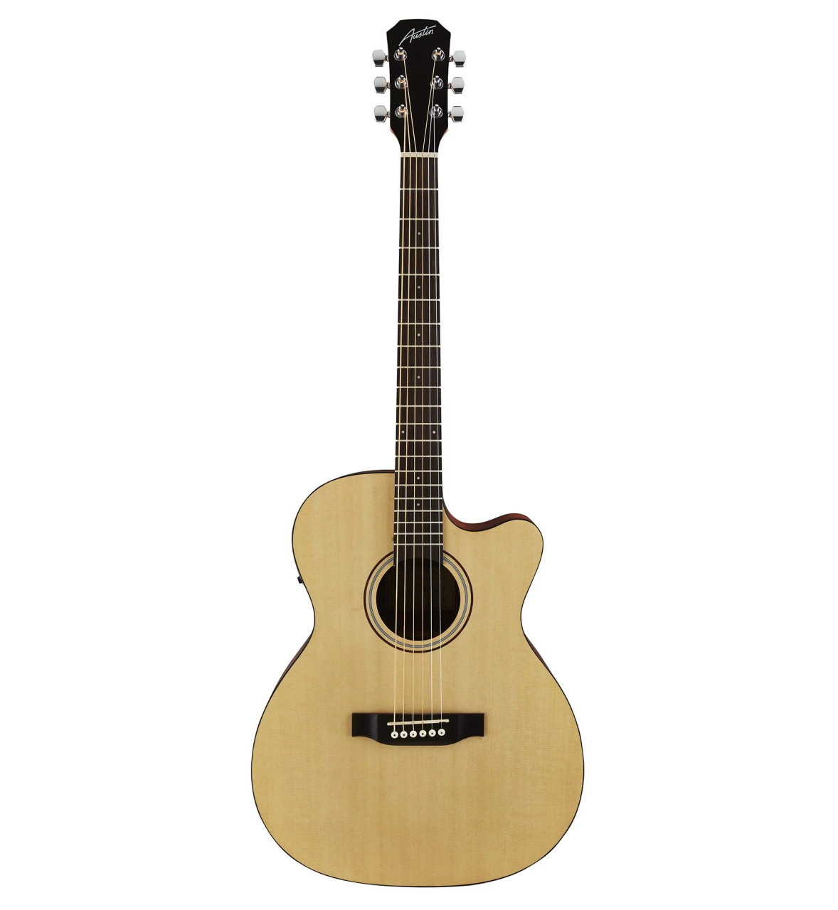 Austin AA25OSEC Acoustic/Electric Orchestra Guitar in Satin Natural finish â€“ cutaway body design with onboard electronics and classic acoustic styling