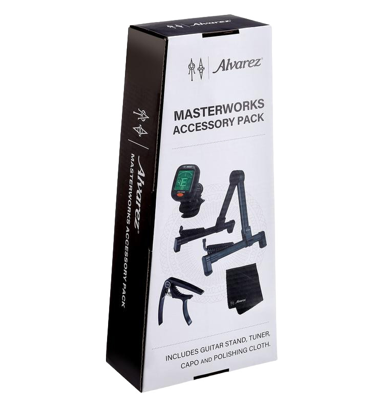 Alvarez AMAP1 Masterworks Accessory Pack - includes guitar stand, digital tuner, capo, and polishing cloth for complete guitar maintenance and setup
