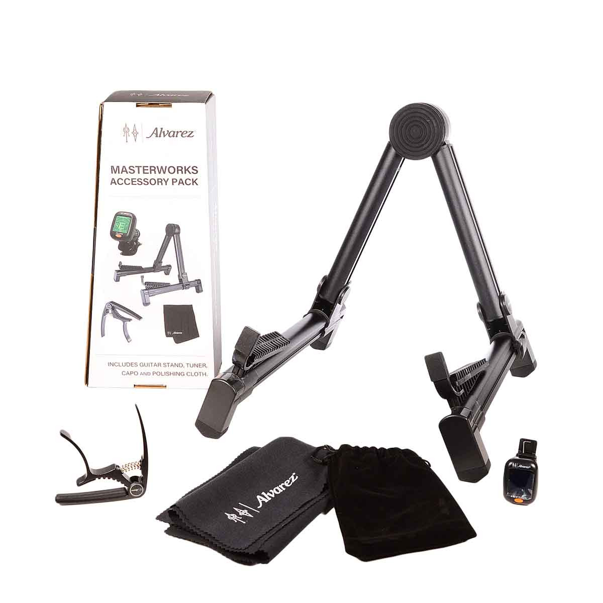 Alvarez AMAP1 Masterworks Accessory Pack featuring a guitar stand, digital tuner, premium capo, and polishing clothâ€”complete accessory bundle for guitar players.