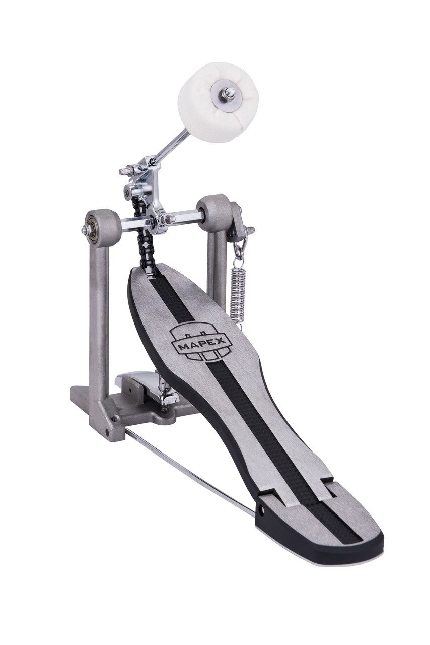 Mapex P250 250 Series Bass Drum Pedal â€“ lightweight single chain-drive pedal with adjustable beater angle, smooth footboard, and durable chrome hardware