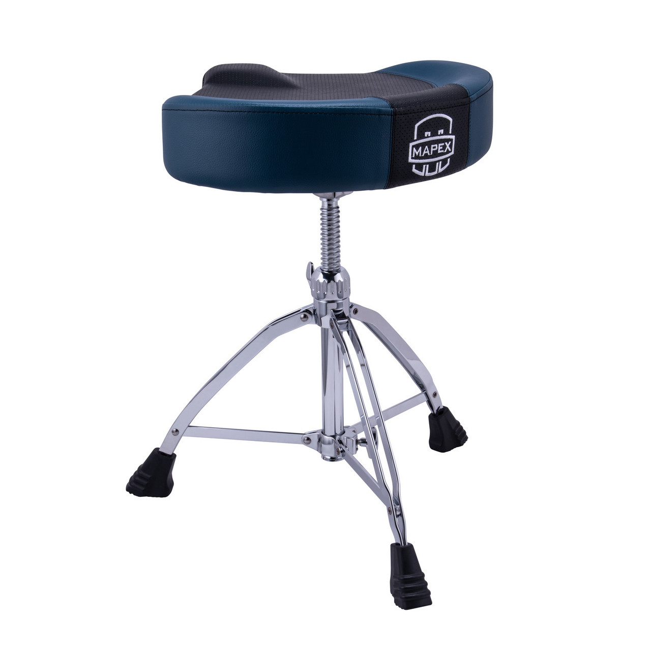 Mapex T855BL Double-Braced 3-Leg Drum Throne with Blue Leather Breathable Saddle Cushion – ergonomic drum seat with adjustable threaded spindle and reinforced chrome base