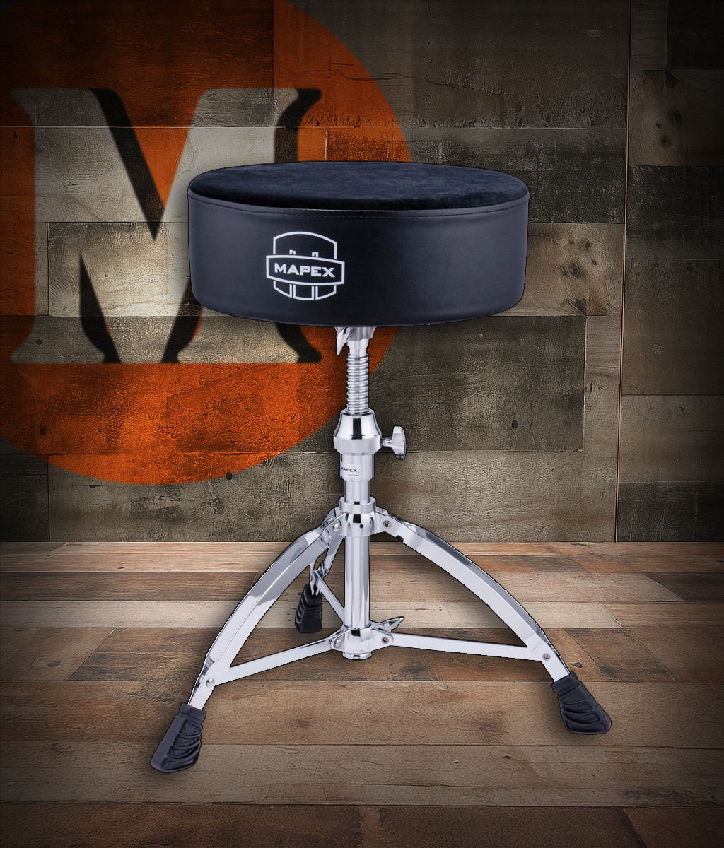 Mapex T680 Round Seat Drum Throne with Black Cloth Top and Threaded Spindle â€“ adjustable drum seat with breathable padded cushion, smooth height control, and double-braced chrome base