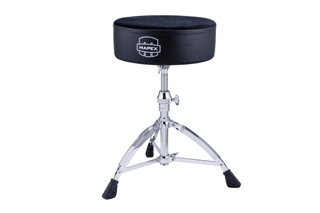 Mapex T680 Round Seat Drum Throne with Black Cloth Top and Threaded Spindle â€“ adjustable drum seat with breathable padded cushion, smooth height control, and double-braced chrome base