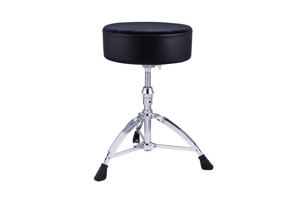 Mapex T680 Round Seat Drum Throne with Black Cloth Top and Threaded Spindle â€“ adjustable drum seat with breathable padded cushion, smooth height control, and double-braced chrome base