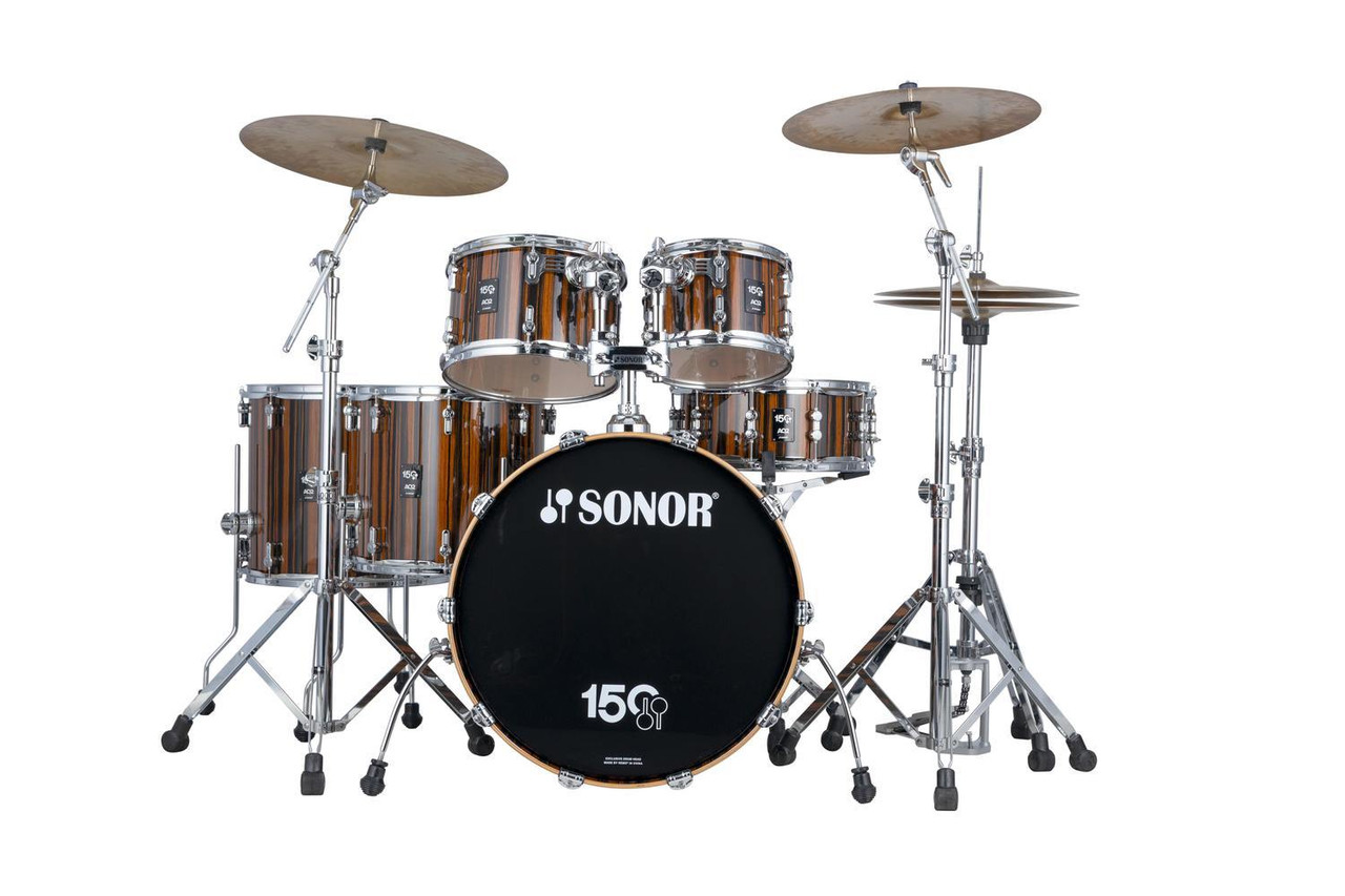 Sonor AQ2 150th Anniversary Shell Set – High Gloss Ebony Veneer (AQ2-Sonor ANN-WMCEBN) featuring hybrid maple/birch shells, chrome hardware, and limited-edition anniversary badging