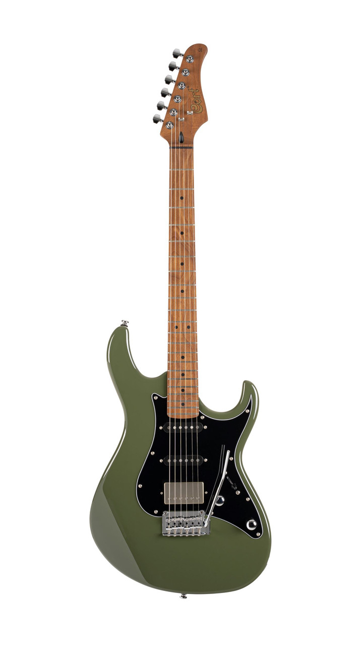 Cort G250SE Electric Guitar in Olive Dark Green finish with roasted maple neck, HSS pickups, and contoured body design.