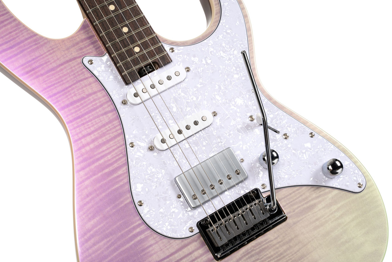 Cort G280 Select Double Cutaway Electric Guitar in Trans Chameleon Purple finish with roasted maple neck, HSS pickups, and contoured body design.