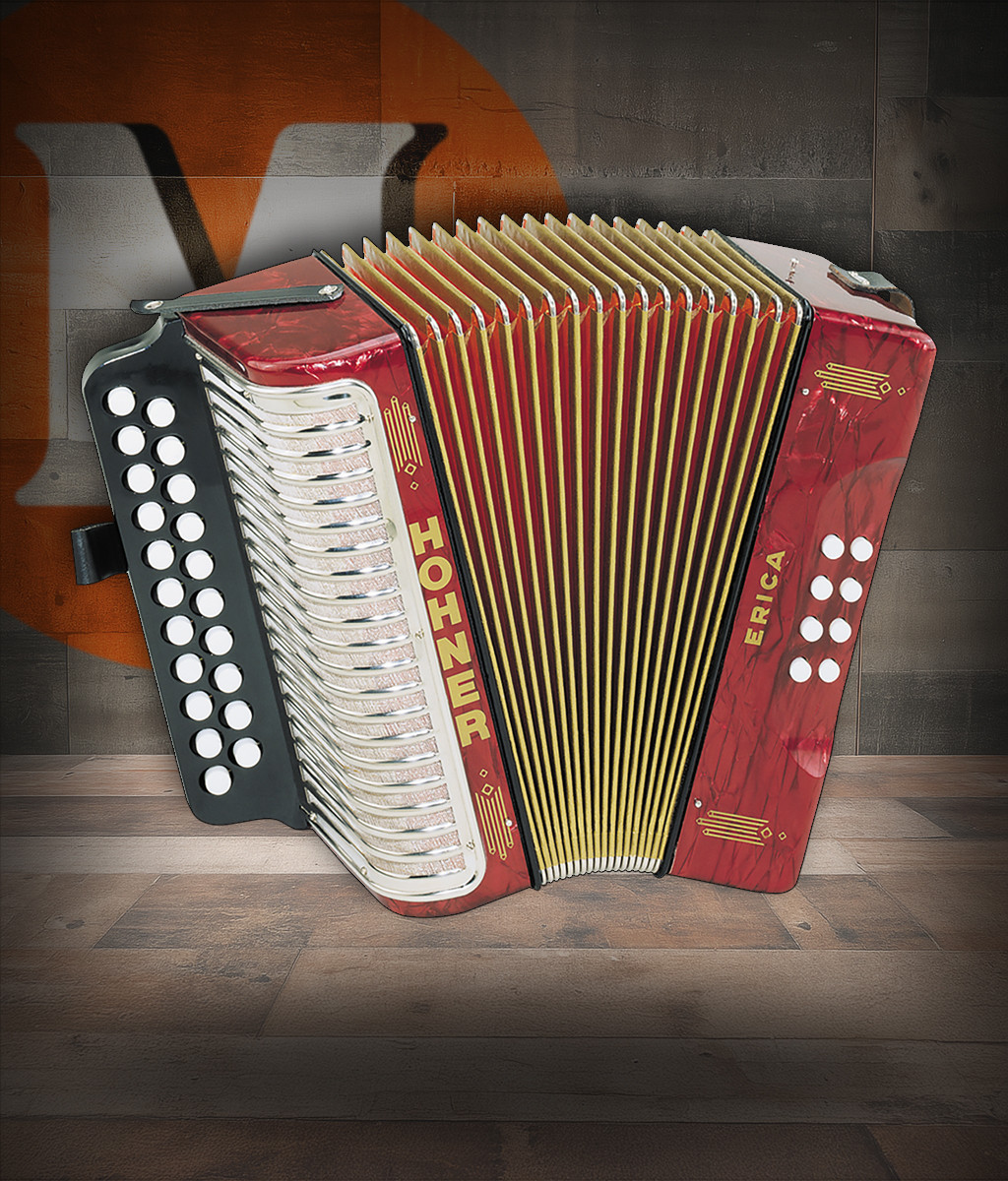 Hohner 3000GR 1600/2 Erica Two-Row GC Accordion in Red with diatonic button layout and classic Hohner design.