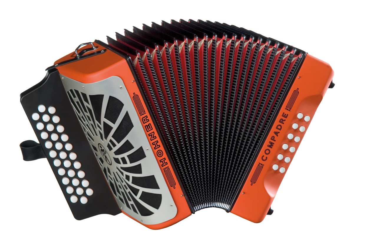 Hohner COGO-N Compadre GCF Accordion in Orange with silver grille, diatonic button layout, and included gig bag.
