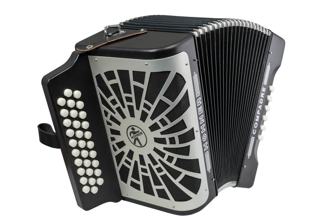 Hohner COFB-N Compadre FBbEb Accordion in Black with silver grille, diatonic button layout, and included gig bag.