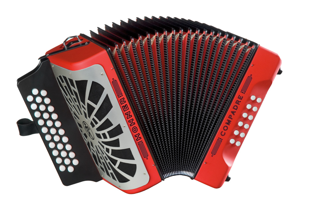 Hohner COER-N Compadre EAD Accordion in Red with silver grille, diatonic button layout, and included gig bag.