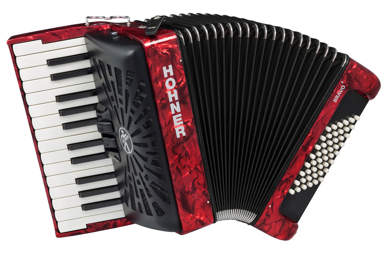 Hohner BR48RED Bravo II 48 Piano Accordion in Pearl Red finish with 26 treble keys and 48 bass buttons.