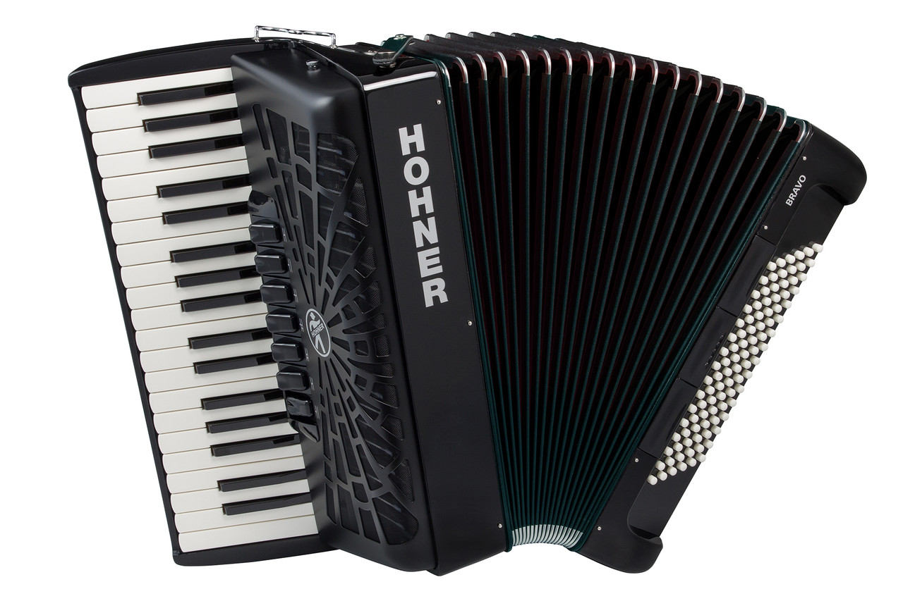 Hohner BR96BLK Bravo III 96 Piano Accordion in Jet Black finish with 37 treble keys and 96 bass buttons.