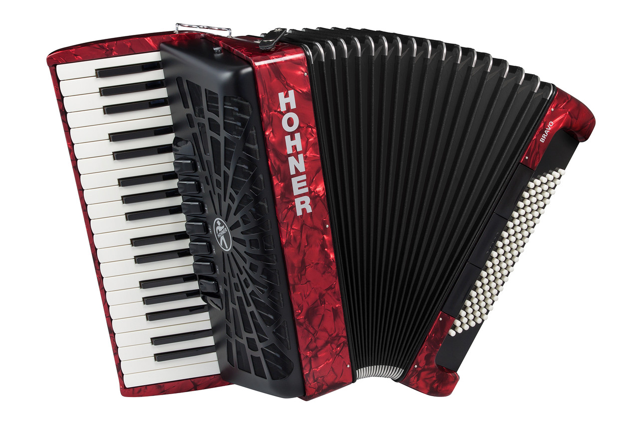 Hohner BR96RED Bravo III 96 Piano Accordion in Pearl Red finish with 37 treble keys and 96 bass buttons.