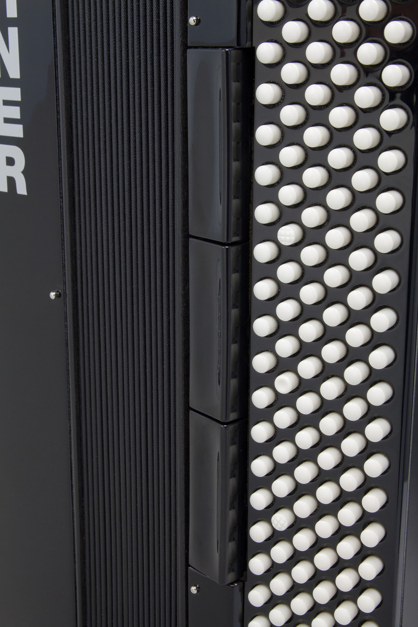 Hohner BR120BLK Bravo III 120 Piano Accordion in Jet Black finish with 41 treble keys and 120 bass buttons.