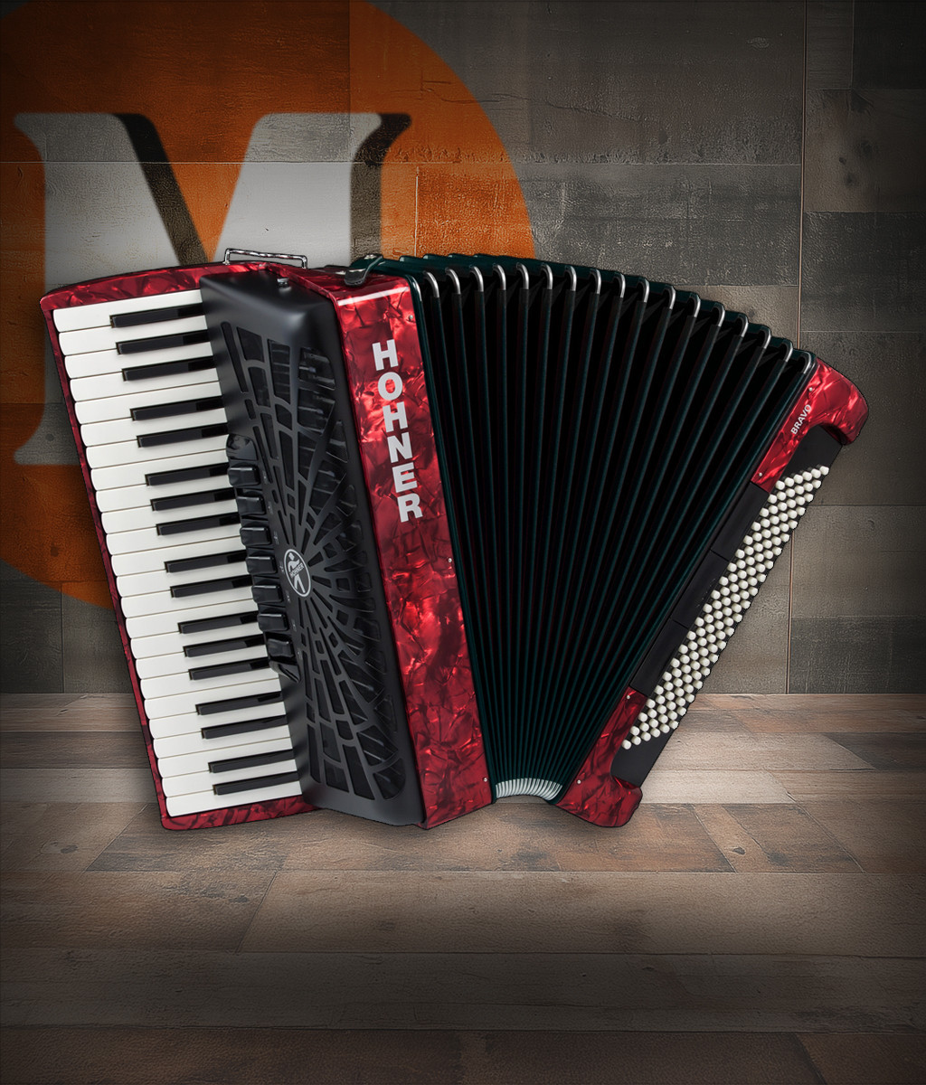 Hohner BR120RED Bravo III 120 Piano Accordion in Pearl Red finish with 41 treble keys and 120 bass buttons.