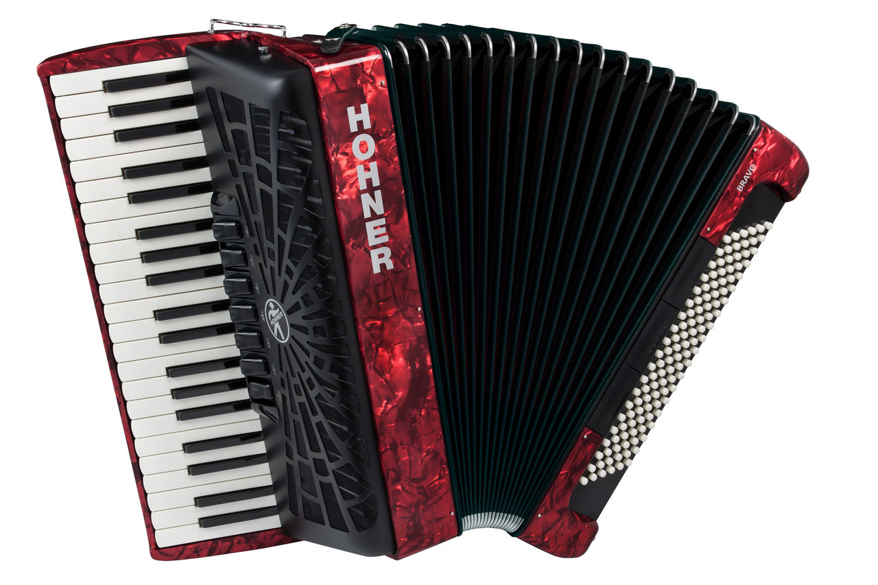 Hohner BR120RED Bravo III 120 Piano Accordion in Pearl Red finish with 41 treble keys and 120 bass buttons.