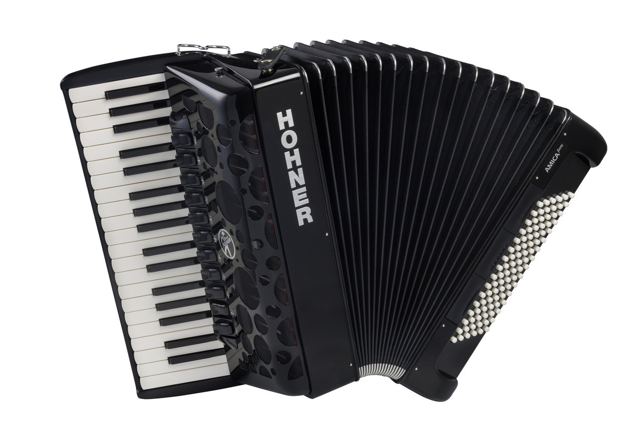 Hohner Amica Forte IV 96 Piano Accordion in Jet Black finish with 37 treble keys and 96 bass buttons.