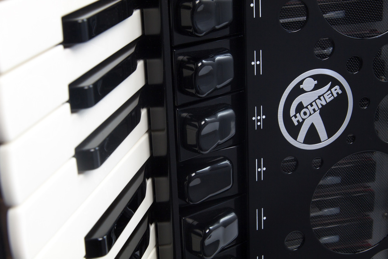 Hohner Amica Forte IV 96 Piano Accordion in Jet Black finish with 37 treble keys and 96 bass buttons.