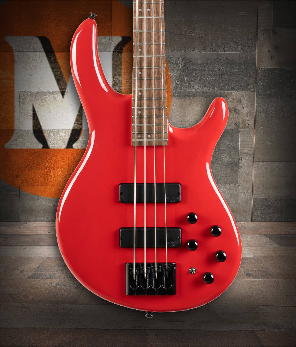 Cort C4DELUXECRD Artisan Series C4 Deluxe Bass Guitar in Candy Red finish with Bartolini pickups and 4-string design.